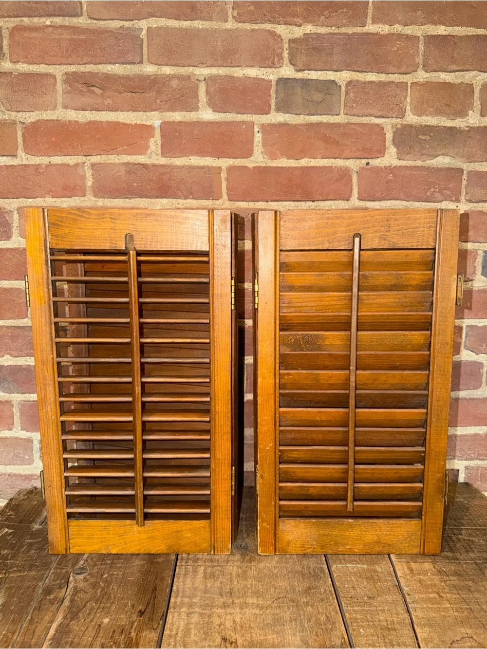 Vintage Wooden Louvered Window Shutters - Warm Brown Miniature Pair Rustic